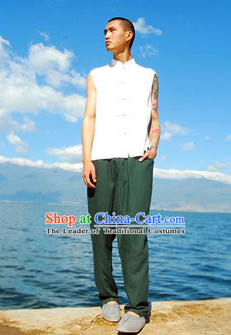 Traditional Chinese Linen Tang Suit Men Plate Buttons Vest, Chinese Ancient Costumes Linen Vests for Men