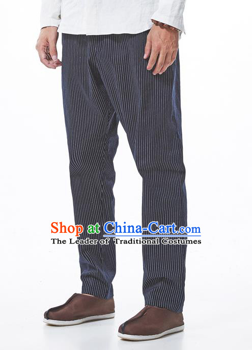 Traditional Chinese Linen Tang Suit Men Trousers, Chinese Ancient Costumes Cotton Pants, Straight Foot Trousers Stripes Pants for Men