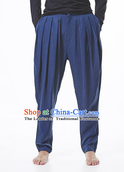 Traditional Chinese Linen Tang Suit Men Trousers, Chinese Ancient Costumes Cotton Pants, Silk Cotton Feet Ruffle Pants for Men