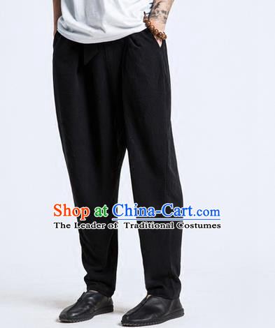 Traditional Chinese Linen Tang Suit Men Trousers, Chinese Ancient Costumes Cotton Pants, Silk Cotton Feet Ruffle Pants for Men