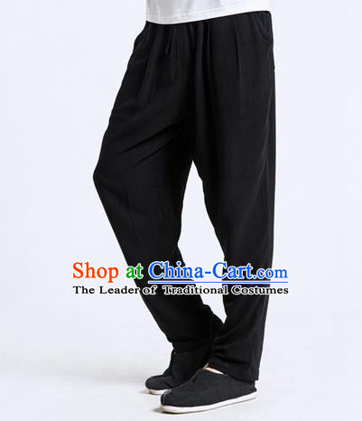 Traditional Chinese Linen Tang Suit Men Trousers, Chinese Ancient Costumes Cotton Pants, Silk Cotton Feet Ruffle Pants for Men