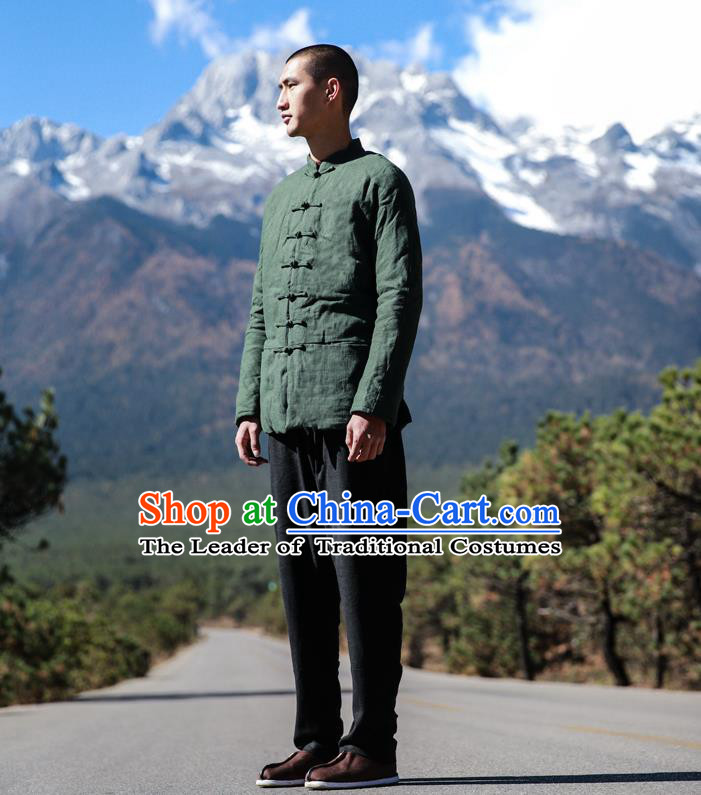 Traditional Chinese Linen Tang Suit Men Costumes, Chinese Ancient Thicken Cotton-Padded Jacket, Front Opening Brass Buttons Cotton Wadded Robe for Men