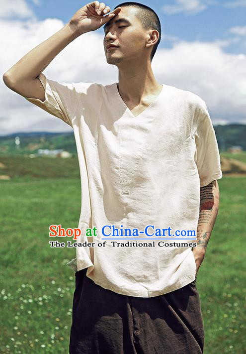 Traditional Chinese Linen Tang Suit Men Costumes, Chinese Ancient Silk Floss Short Sleeved T-Shirt Costume for Men