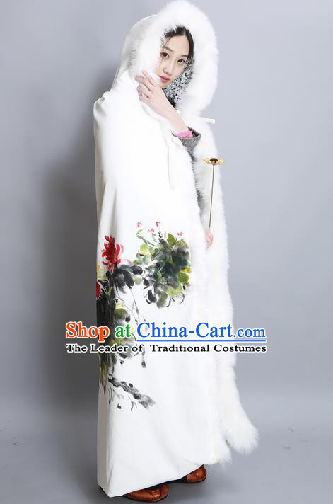 Traditional Chinese Female Costumes Dress Smock,Chinese Acient Extended Cloak, Chinese Hanfu Extended Cloak, Fur Collar Cloak for Women