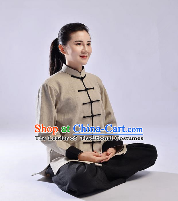 Traditional Chinese Top Thicken Linen Kung Fu Costume Martial Arts Kung Fu Training Uniform Tang Suit Gongfu Shaolin Wushu Clothing Tai Chi Taiji Teacher Suits Uniforms for Women