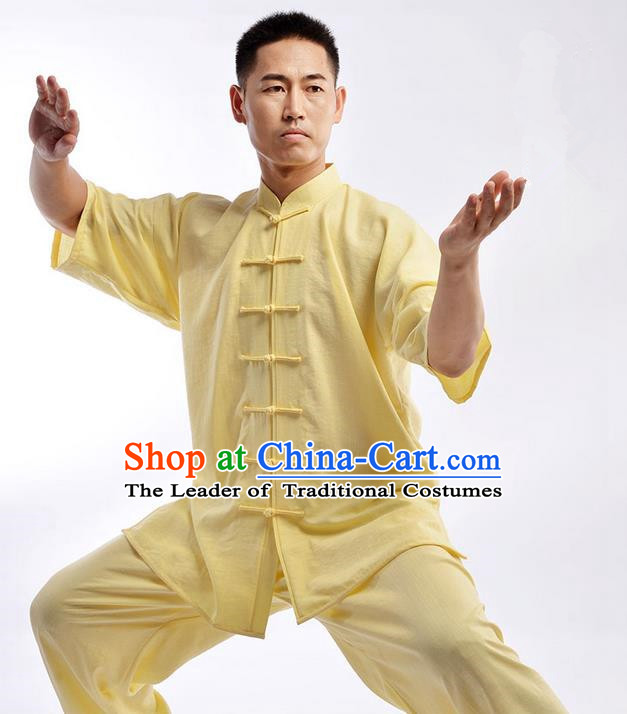 Traditional Chinese Top Linen Short Sleeve Kung Fu Costume Martial Arts Kung Fu Training Uniform Tang Suit Gongfu Shaolin Wushu Clothing Tai Chi Taiji Teacher Suits Uniforms for Men