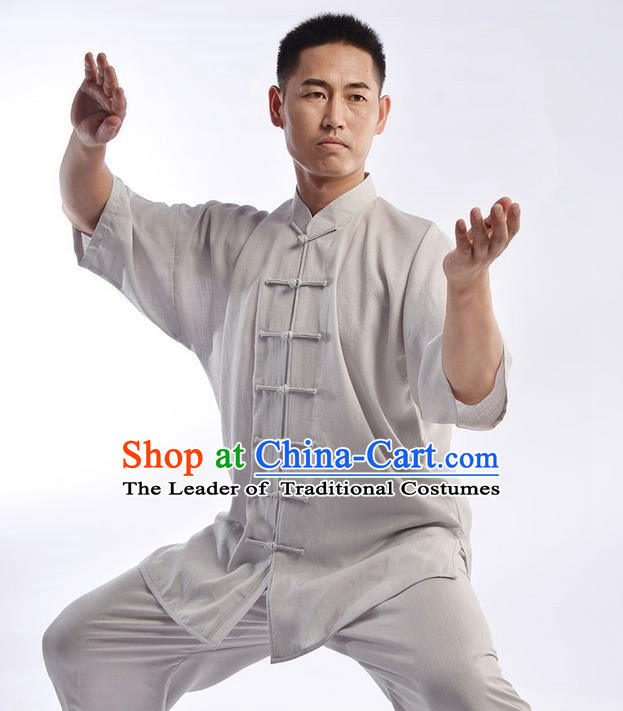 Traditional Chinese Top Linen Short Sleeve Kung Fu Costume Martial Arts Kung Fu Training Uniform Tang Suit Gongfu Shaolin Wushu Clothing Tai Chi Taiji Teacher Suits Uniforms for Men