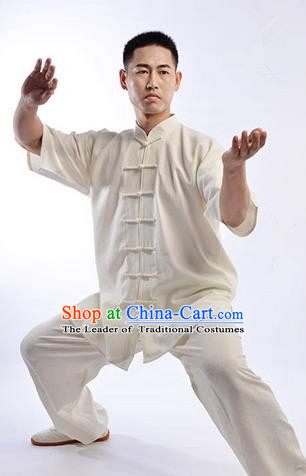 Traditional Chinese Top Linen Short Sleeve Kung Fu Costume Martial Arts Kung Fu Training Uniform Gongfu Shaolin Wushu Clothing Tai Chi Taiji Teacher Suits Uniforms for Men