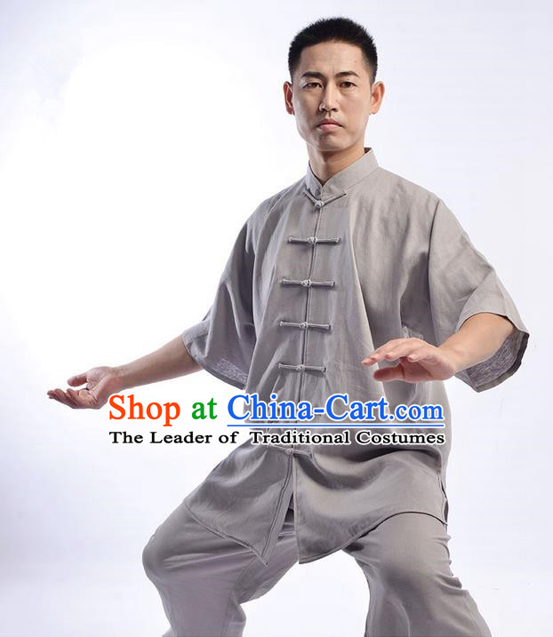 Traditional Chinese Top Linen Short Sleeve Kung Fu Costume Martial Arts Kung Fu Training Uniform Gongfu Shaolin Wushu Clothing Tai Chi Taiji Teacher Suits Uniforms for Men