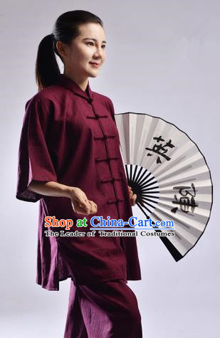 Traditional Chinese Linen Kung Fu Short Sleeve Costume Martial Arts Kung Fu Training Uniform Tang Suit Gongfu Shaolin Wushu Clothing Tai Chi Taiji Teacher Suits Uniforms for Women