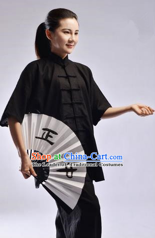 Traditional Chinese Linen Kung Fu Short Sleeve Costume Martial Arts Kung Fu Training Uniform Tang Suit Gongfu Shaolin Wushu Clothing Tai Chi Taiji Teacher Suits Uniforms for Women