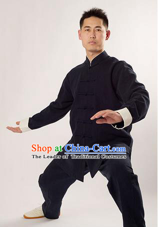 Traditional Chinese Thicken Linen Kung Fu Costume Martial Arts Kung Fu Training Uniform Tang Suit Gongfu Shaolin Wushu Clothing Tai Chi Taiji Teacher Suits Uniforms for Men