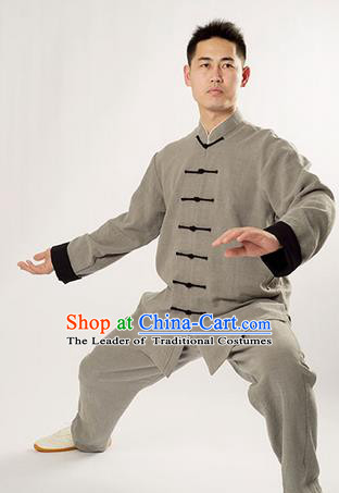 Traditional Chinese Thicken Linen Kung Fu Costume Martial Arts Kung Fu Training Uniform Tang Suit Gongfu Shaolin Wushu Clothing Tai Chi Taiji Teacher Suits Uniforms for Men