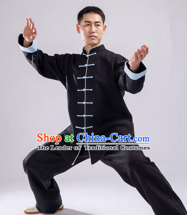 Traditional Chinese Thicken Double Linen Velvet Kung Fu Costume Martial Arts Kung Fu Training Uniform Tang Suit Gongfu Shaolin Wushu Clothing Tai Chi Taiji Teacher Suits Uniforms for Men