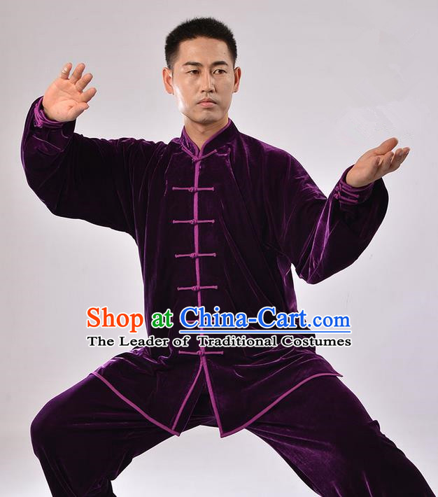 Traditional Chinese Thicken Pleuche Kung Fu Costume Martial Arts Kung Fu Training Uniform Tang Suit Gongfu Shaolin Wushu Clothing Tai Chi Taiji Teacher Suits Uniforms for Men