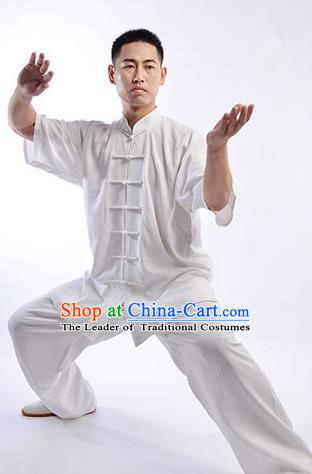 Traditional Chinese Linen Kung Fu Short Sleeve Costume Martial Arts Kung Fu Training Uniform Tang Suit Gongfu Shaolin Wushu Clothing Tai Chi Taiji Teacher Suits Uniforms for Men