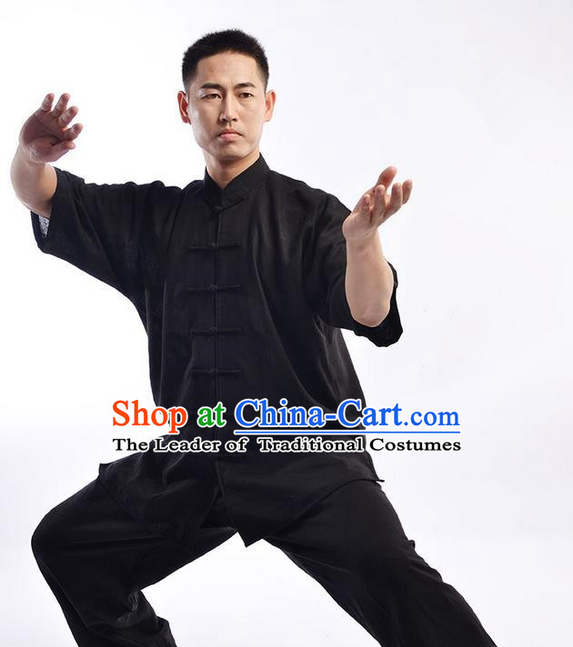 Traditional Chinese Linen Kung Fu Short Sleeve Costume Martial Arts Kung Fu Training Uniform Tang Suit Gongfu Shaolin Wushu Clothing Tai Chi Taiji Teacher Suits Uniforms for Men