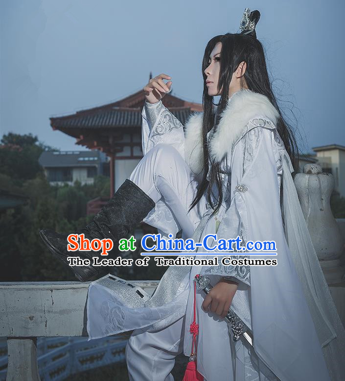 Chinese Ancient Cosplay Costumes, Chinese Traditional Embroidered Clothes, Ancient Chinese Cosplay Swordsman Knight Costume Complete Set for Men