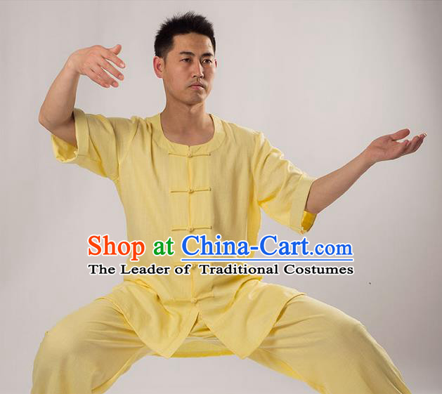 Traditional Chinese Fine Linen Short Sleeve Kung Fu Costume Martial Arts Kung Fu Training Uniform Tang Suit Gongfu Shaolin Wushu Clothing Tai Chi Taiji Teacher Suits Uniforms for Men