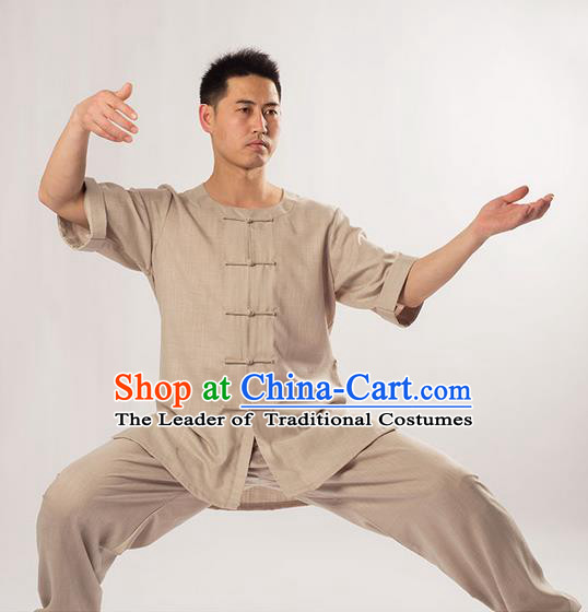 Traditional Chinese Fine Linen Short Sleeve Kung Fu Costume Martial Arts Kung Fu Training Uniform Tang Suit Gongfu Shaolin Wushu Clothing Tai Chi Taiji Teacher Suits Uniforms for Men