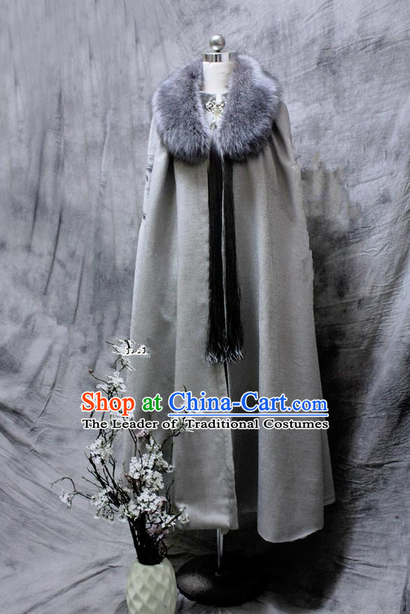 Chinese Ancient Cosplay Costumes Cloak, Chinese Traditional Embroidered Royal Prince Fur Collar Cloak, Ancient Chinese Cosplay Swordsman Knight Grey Cloak for Men