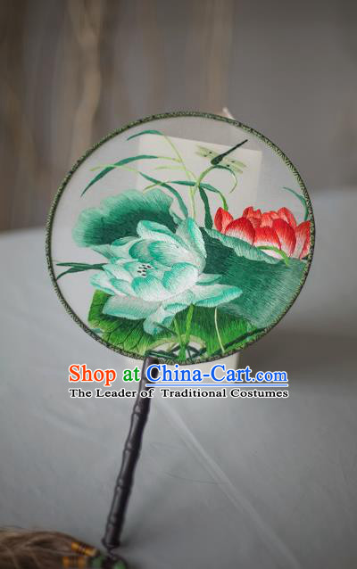 Traditional Chinese Palace Lady Accessories Hanfu Embroidered Lotus Circular Fans, Asian China Ancient Round Fan for Women