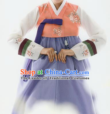 Traditional Korean Costumes Bride Wedding Orange Blouse and Silk Dress, Korea Hanbok Princess Court Embroidered Clothing for Women