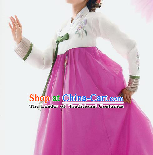 Traditional Korean Costumes Bride Wedding White Blouse and Pink Silk Dress, Korea Hanbok Princess Court Embroidered Clothing for Women