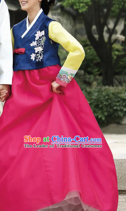 Traditional Korean Costumes Imperial Palace Lady Wedding Navy Blouse and Red Dress, Asian Korea Hanbok Court Bride Embroidered Clothing for Women