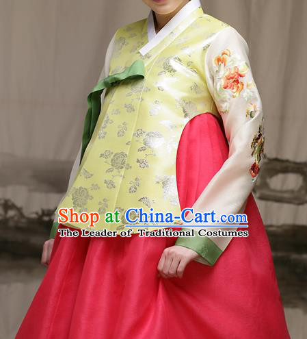 Traditional Korean Costumes Imperial Palace Lady Wedding Golden Blouse and Red Dress, Asian Korea Hanbok Court Bride Embroidered Clothing for Women