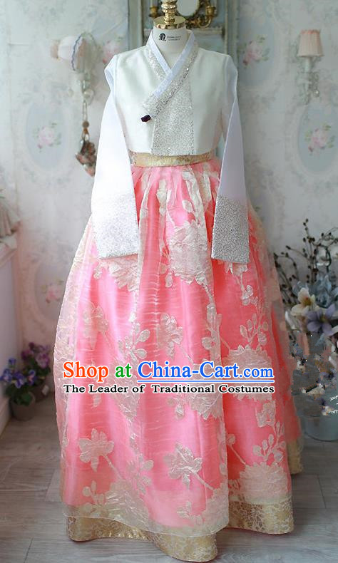 Traditional Korean Costumes Imperial Palace Lady Wedding White Blouse and Pink Dress, Asian Korea Hanbok Court Bride Embroidered Clothing for Women