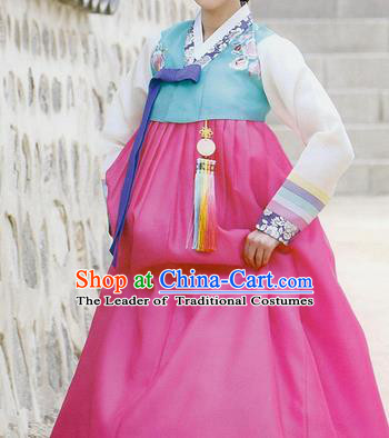 Traditional Korean Costumes Palace Lady Formal Attire Ceremonial Blue Blouse and Pink Dress, Asian Korea Hanbok Bride Embroidered Clothing for Women