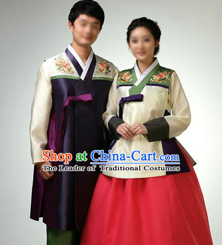 Traditional Korean Costumes Bridegroom and Bride Formal Attire Ceremonial Clothes, Korea Court Embroidered Wedding Clothing for Men for Women