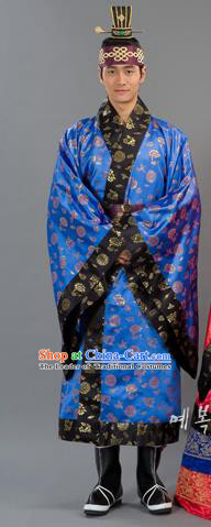 Traditional Korean Costumes Bridegroom Formal Attire Ceremonial Blue Cloth, Asian Korea Emperor Hanbok Embroidered Clothing for Men