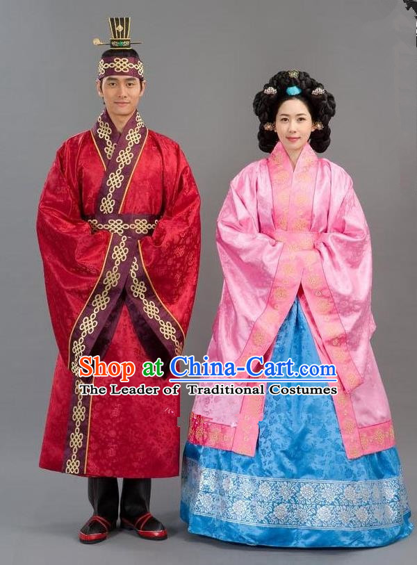 Traditional Korean Costumes Emperor and Empress Formal Attire Ceremonial Wedding Clothing, Asian Korea Hanbok Embroidered Clothing for Women for Men