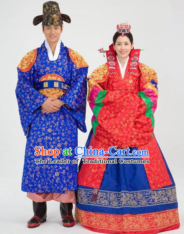 Traditional Korean Costumes Emperor and Empress Formal Attire Ceremonial Wedding Clothing, Asian Korea Hanbok Embroidered Clothing for Women for Men