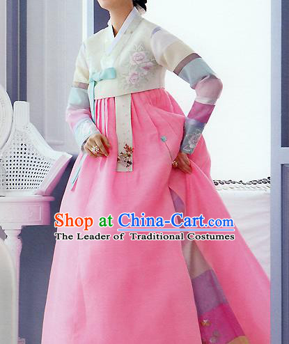 Traditional Korean Costumes Palace Lady Formal Attire Ceremonial Pink Dress, Asian Korea Hanbok Bride Embroidered Clothing for Women