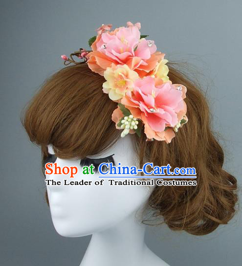 Top Grade Handmade Wedding Hair Accessories Model Show Pink Flowers Hair Stick, Baroque Style Bride Deluxe Headwear for Women