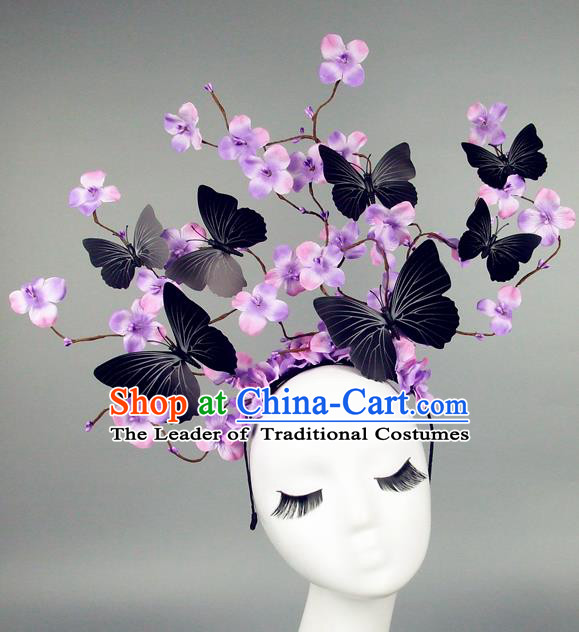 Asian China Butterfly Purple Flowers Hair Accessories Model Show Headdress, Halloween Ceremonial Occasions Miami Deluxe Headwear
