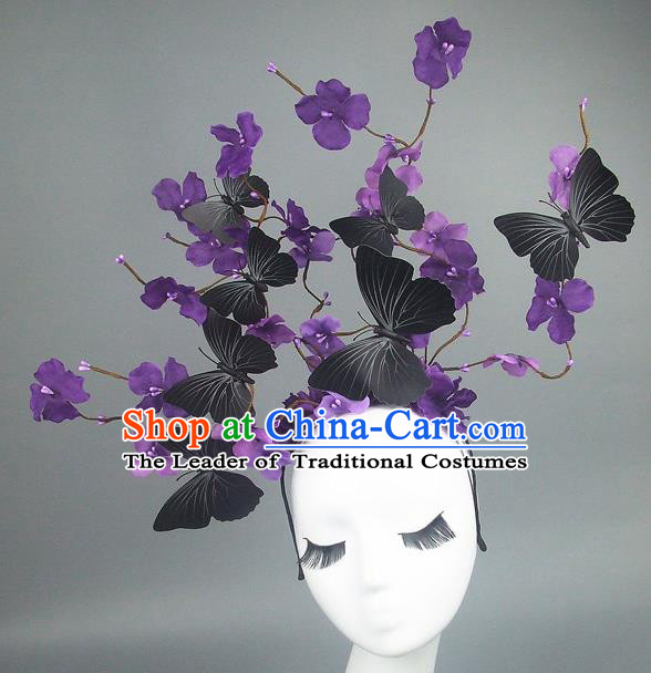 Asian China Butterfly Deep Purple Flowers Hair Accessories Model Show Headdress, Halloween Ceremonial Occasions Miami Deluxe Headwear
