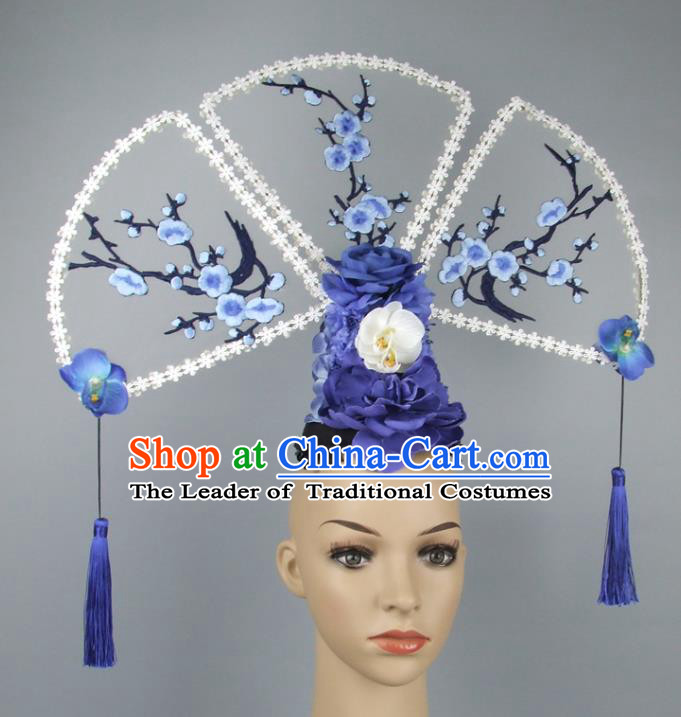Asian China Theatrical Ornamental Embroidery Hair Accessories Model Show Headdress, Traditional Chinese Manchu Lady Headwear for Women