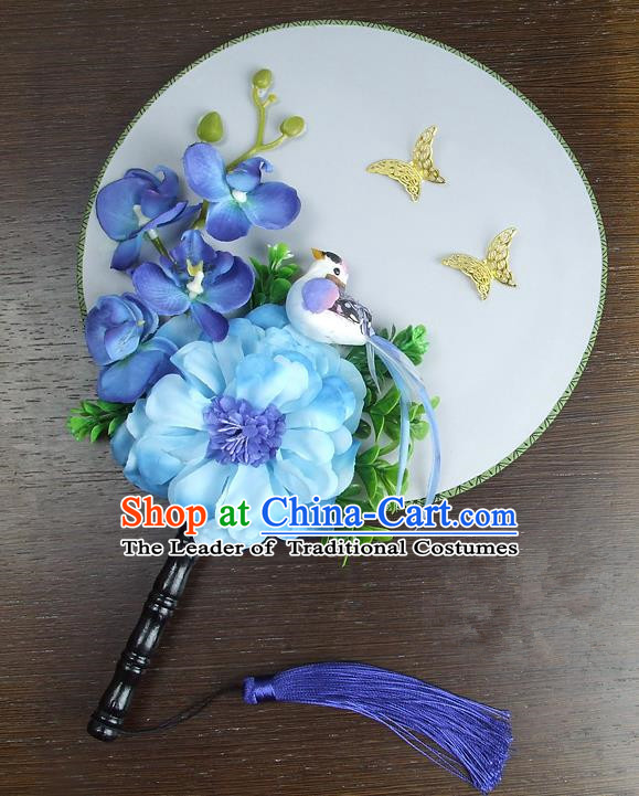 Traditional Handmade Chinese Ancient Wedding Round Fans, Hanfu Palace Lady Blue Peony Flowers Bride Mandarin Fans for Women