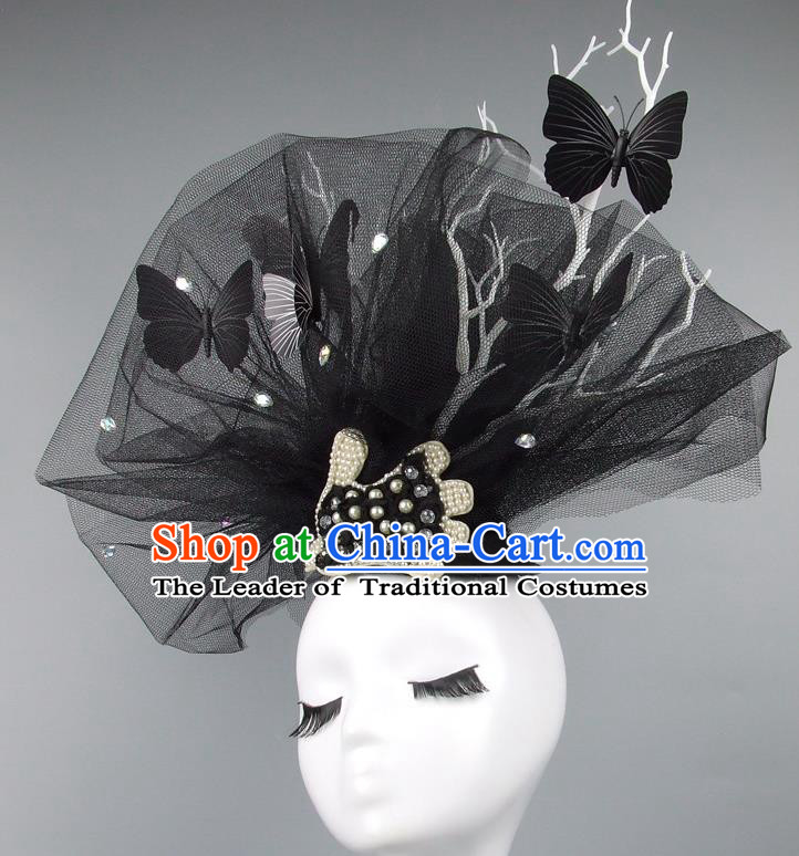 Asian China Exaggerate Black Veil Hair Accessories Model Show Butterfly Headdress, Halloween Ceremonial Occasions Miami Deluxe Headwear