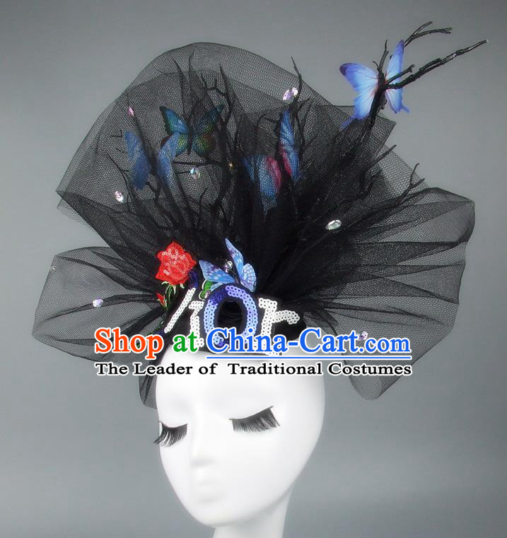 Asian China Exaggerate Veil Hair Accessories Model Show Blue Butterfly Headdress, Halloween Ceremonial Occasions Miami Deluxe Headwear