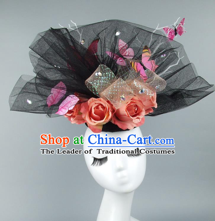 Asian China Exaggerate Veil Hair Accessories Model Show Red Rose Headdress, Halloween Ceremonial Occasions Miami Deluxe Headwear