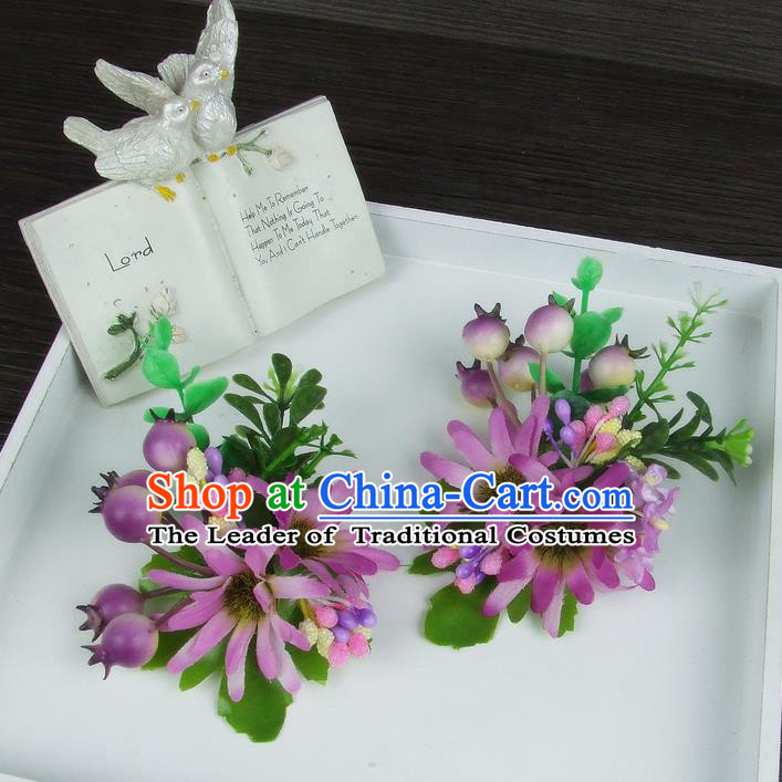 Asian China Wedding Bride Hair Accessories Purple Flower Hair Stick Baroque Headwear for Women