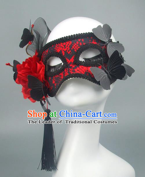 Asian China Exaggerate Fancy Ball Accessories Model Show Black Lace Mask, Halloween Ceremonial Occasions Miami Deluxe Face Mask