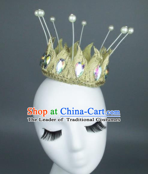 Top Grade Handmade Classical Hair Accessories Hair Crown, Baroque Style Golden Imperial Crown Hair Jewellery for Women