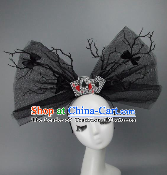 Asian China Classical Hair Accessories Model Show Black Veil Bowknot Headdress, Halloween Ceremonial Occasions Miami Deluxe Headwear