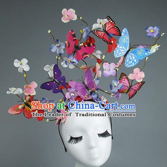 Asian China Exaggerate Hair Accessories Model Show Butterfly Headpiece, Halloween Ceremonial Occasions Miami Deluxe Headwear